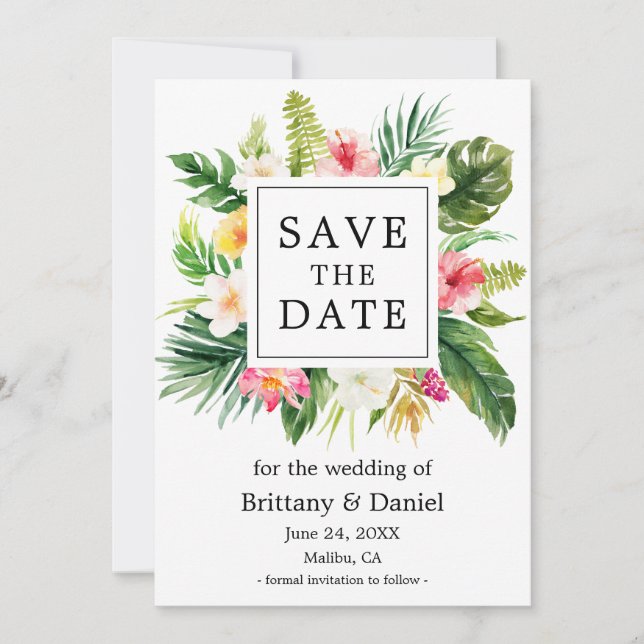 Watercolor Tropical Floral Save The Date Card (Front)