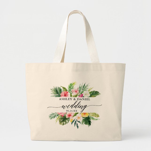 Watercolor Tropical Floral Wedding Calligraphy Large Tote Bag (Front)