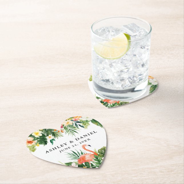 Watercolor Tropical Floral Wedding Flamingo Heart Paper Coaster (Insitu)