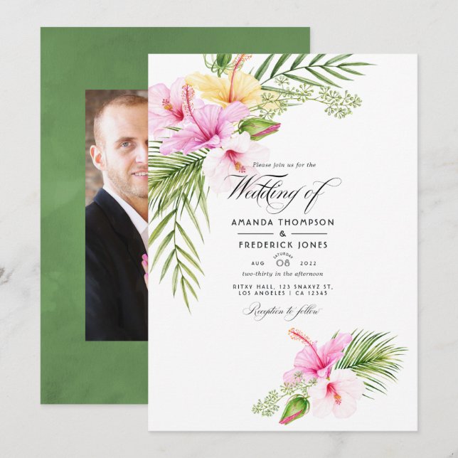 Watercolor Tropical Floral Wedding Photo Invitation (Front/Back)
