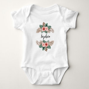 Watercolor Tropical Floral Wreath Custom Text  Baby Bodysuit
