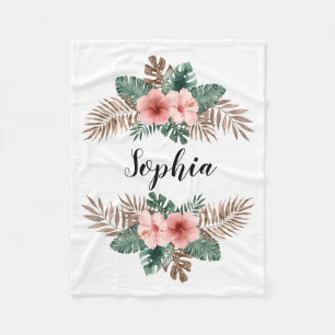 Watercolor Tropical Floral Wreath Custom Text  Fleece Blanket