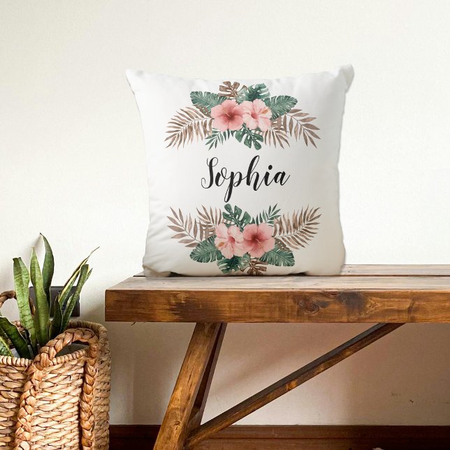 Watercolor Tropical Floral Wreath Custom Text  Throw Pillow (Creator Uploaded)