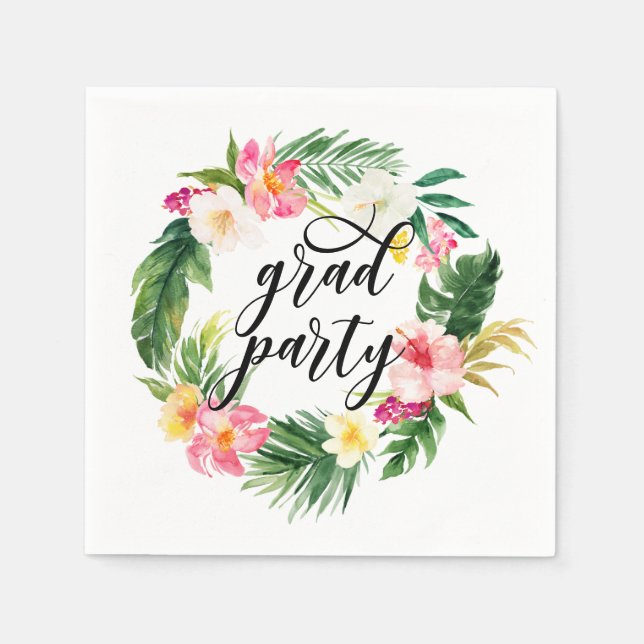 Watercolor Tropical Floral Wreath Graduation Party Napkin (Front)