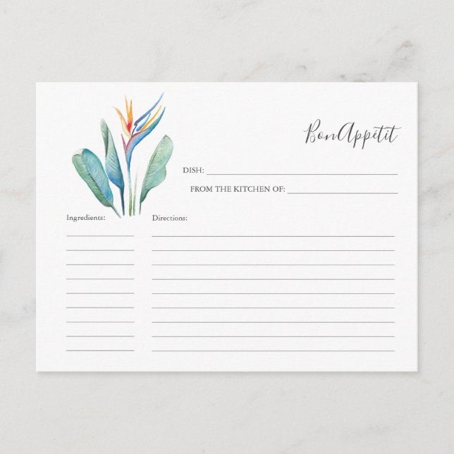 Watercolor Tropical Flower Recipe Card (Front)