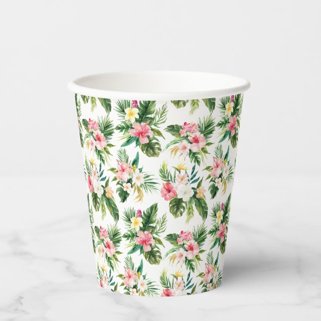 Watercolor Tropical Flowers and Greenery Pattern Paper Cups (Front)