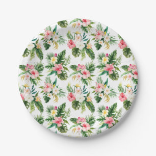 Watercolor Tropical Flowers and Greenery Pattern Paper Plate
