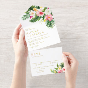 Watercolor Tropical Flowers and Greenery Wedding All In One Invitation
