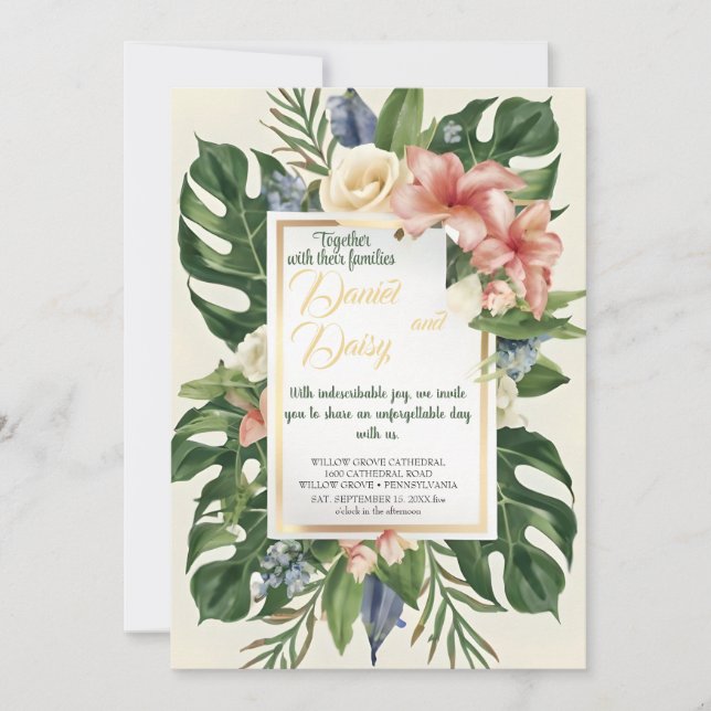 Watercolor Tropical Flowers and Greenery Wedding I Invitation (Front)