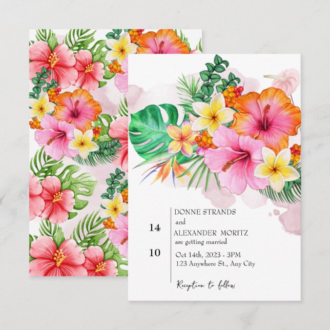 Watercolor Tropical Flowers and Greenery Wedding Invitation (Front/Back)
