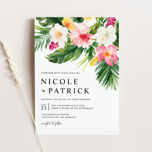 Watercolor Tropical Flowers and Greenery Wedding Invitation
