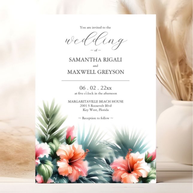 Watercolor Tropical Flowers and Greenery Wedding Invitation (Tropical wedding invitations feature watercolor hibiscus flower in orange and pink with palm leaves.)