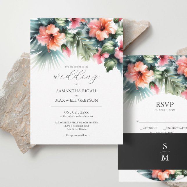 Watercolor Tropical Flowers and Greenery Wedding Invitation (Stacked wedding invitations watercolor pink and orange hibiscus flowers and palm leaves.)