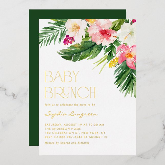 Watercolor Tropical Flowers Baby Shower Brunch (Front/Back)