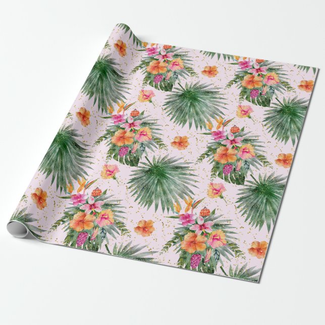 Watercolor Tropical Flowers Botanical Palm Leaves Wrapping Paper (Unrolled)
