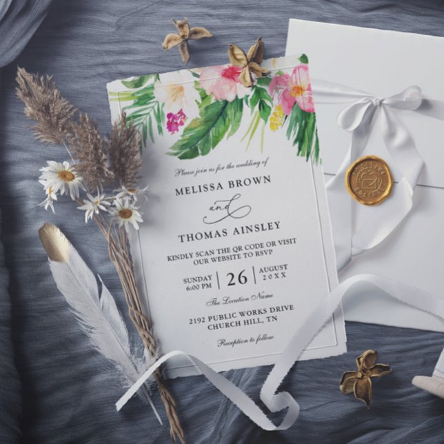 Watercolor Tropical Flowers Budget QR Code Wedding Invitation (Creator Uploaded)