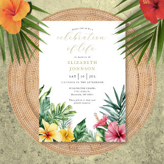 Watercolor Tropical Flowers Celebration Of Life Invitation
