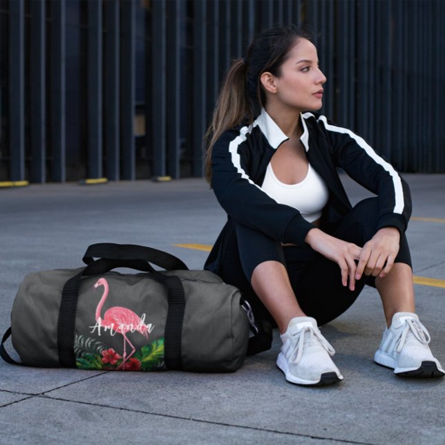Watercolor Tropical Flowers Flamingo Personalized Duffle Bag (Creator Uploaded)