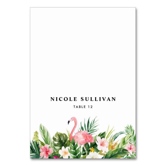 Watercolor Tropical Flowers & Flamingo Place Card (Front)