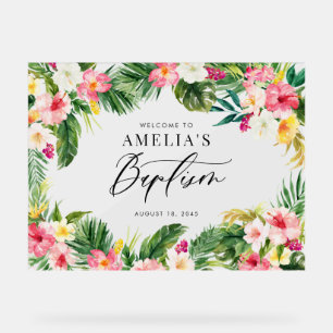 Watercolor Tropical Flowers Frame Baptism Acrylic Sign