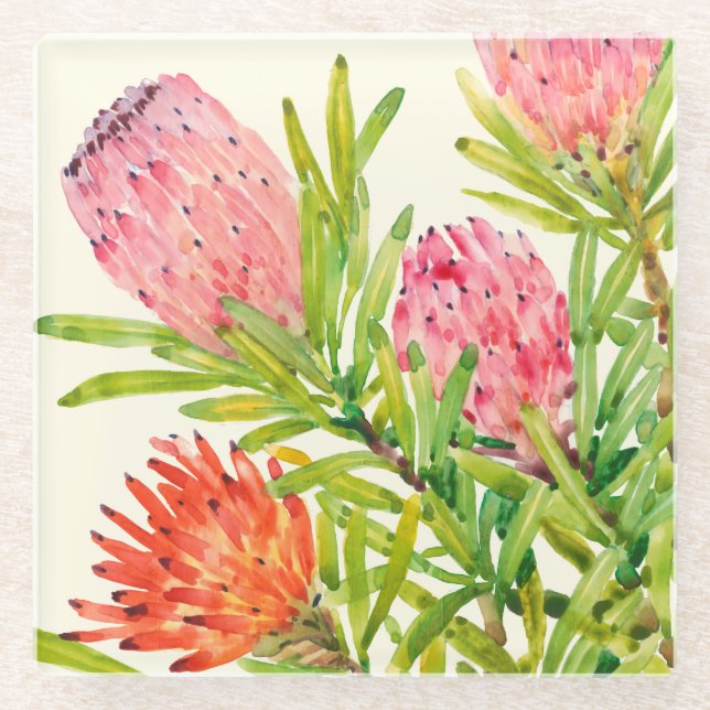 Watercolor Tropical Flowers Glass Coaster (Front)