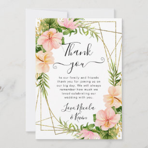 Watercolor Tropical Flowers Gold Frame Wedding Thank You Card
