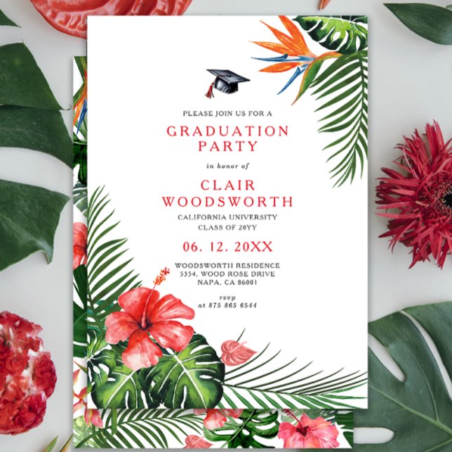 Watercolor Tropical Flowers Greenery Graduation Invitation (Creator Uploaded)