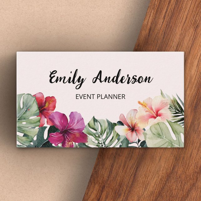 Watercolor Tropical Flowers Leaves QR Code Business Card (In situ)
