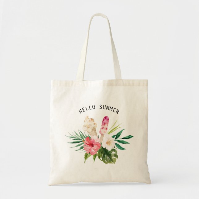 Watercolor Tropical Flowers, Leaves with Ice Cream Tote Bag (Front)