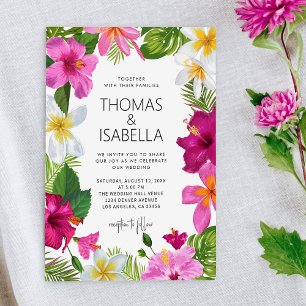 Watercolor Tropical Flowers   Palm Leaves Wedding Invitation