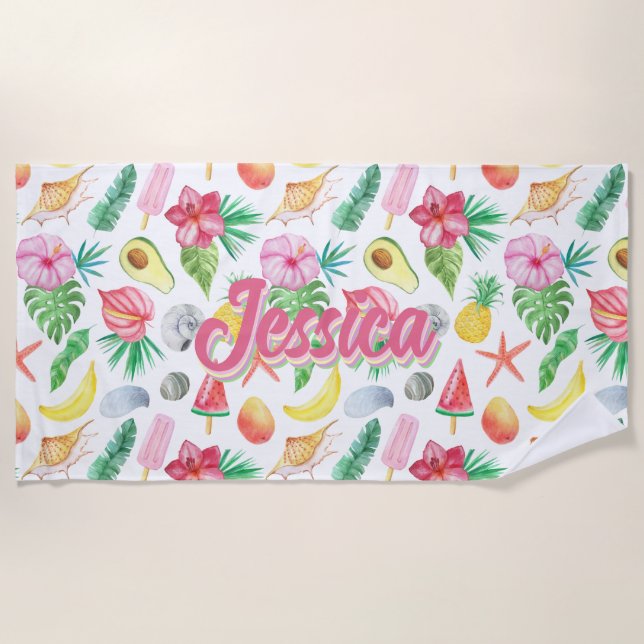 Watercolor Tropical Flowers Pattern Personalized Beach Towel (Front)