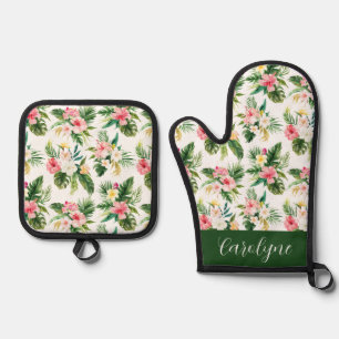 Watercolor Tropical Flowers Pattern Personalized Oven Mitt & Pot Holder Set