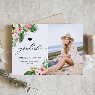 Watercolor Tropical Flowers Photo Graduation Announcement