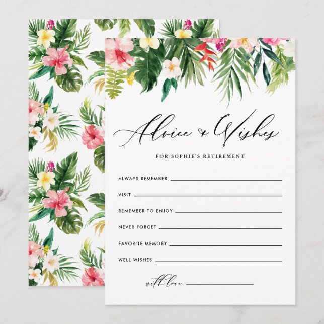 Watercolor Tropical Flowers Retirement Party Advice Card (Front/Back)