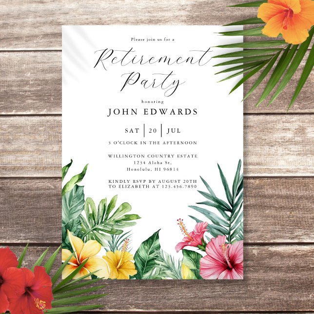 Watercolor Tropical Flowers Retirement Party Invitation (Watercolor Tropical Flowers Retirement Party Invitation)