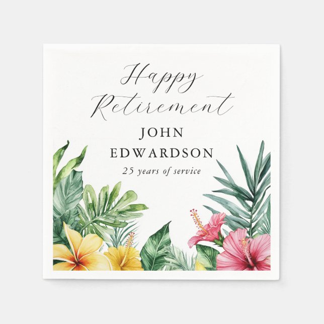 Watercolor Tropical Flowers Retirement Party Napkin (Front)