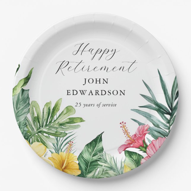 Watercolor Tropical Flowers Retirement Party Paper Plate (Front)