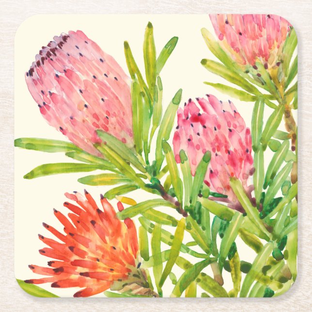 Watercolor Tropical Flowers Square Paper Coaster (Front)