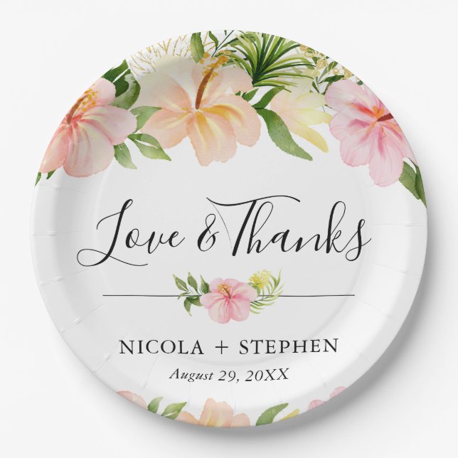 Watercolor Tropical Flowers Wedding Paper Plate (Front)