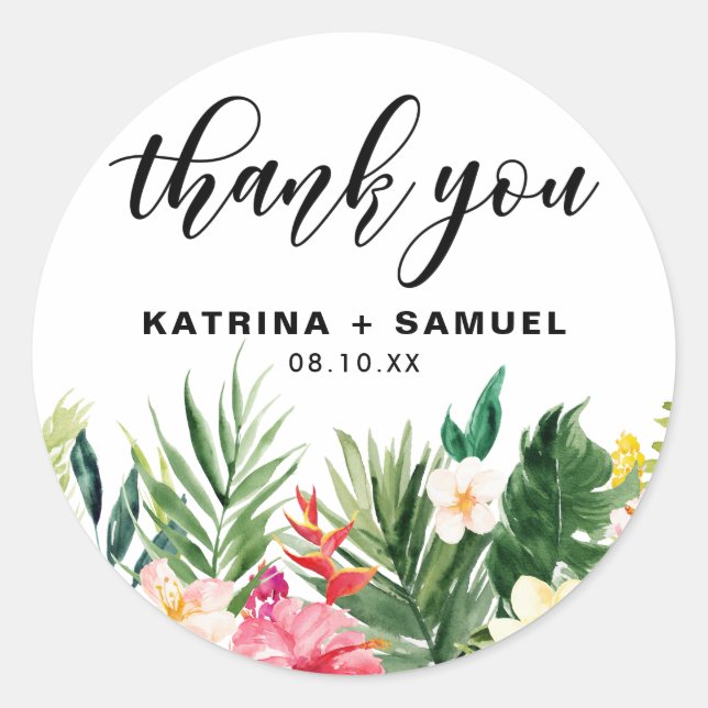 Watercolor Tropical Flowers Wedding Thank You Classic Round Sticker (Front)