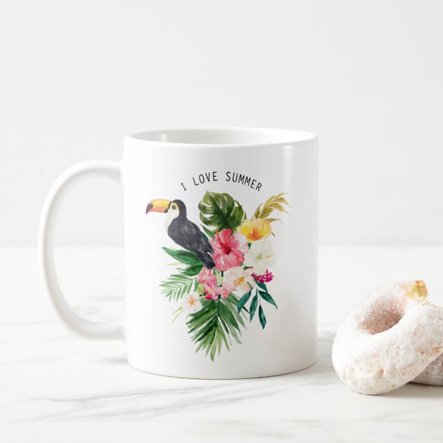 Watercolor Tropical Flowers with Toucan Custom Coffee Mug (With Donut)