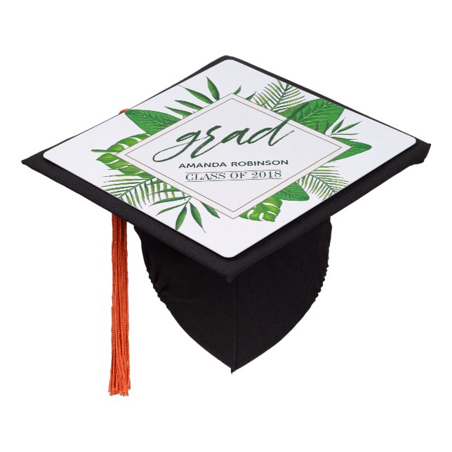 Watercolor Tropical Foliage Luau Graduation Graduation Cap Topper (Angled)