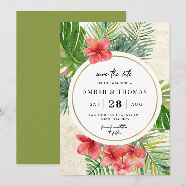 Watercolor Tropical foliage save the date card (Front/Back)