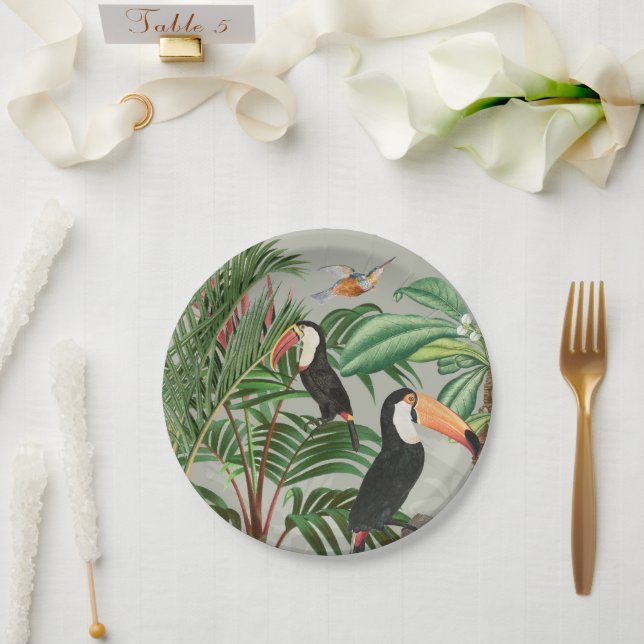 Watercolor Tropical Forest & Colourful Birds Paper Plate (Wedding)