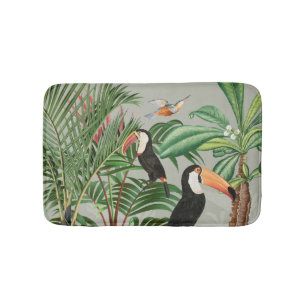 Watercolor Tropical Forest & Toucan Birds Bath Mat