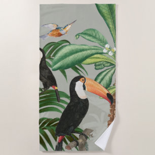 Watercolor Tropical Forest & Toucan Birds Beach Towel
