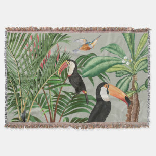 Watercolor Tropical Forest & Toucan Birds Throw Blanket
