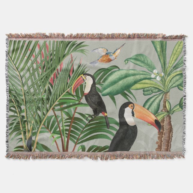 Watercolor Tropical Forest & Toucan Birds Throw Blanket (Front)