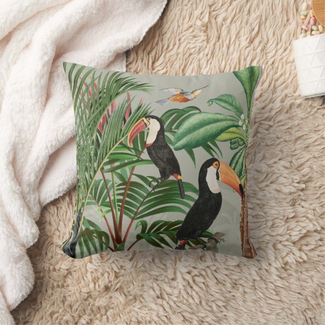 Watercolor Tropical Forest & Toucan Birds Throw Pillow (Blanket)