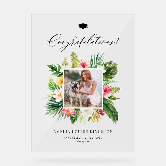 Watercolor Tropical Frame Photo Graduation Party Acrylic Sign (Front)